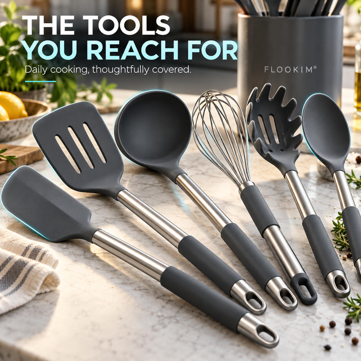 FLOOKIM® Silicone Utensil Set with Holder | Everyday Tools