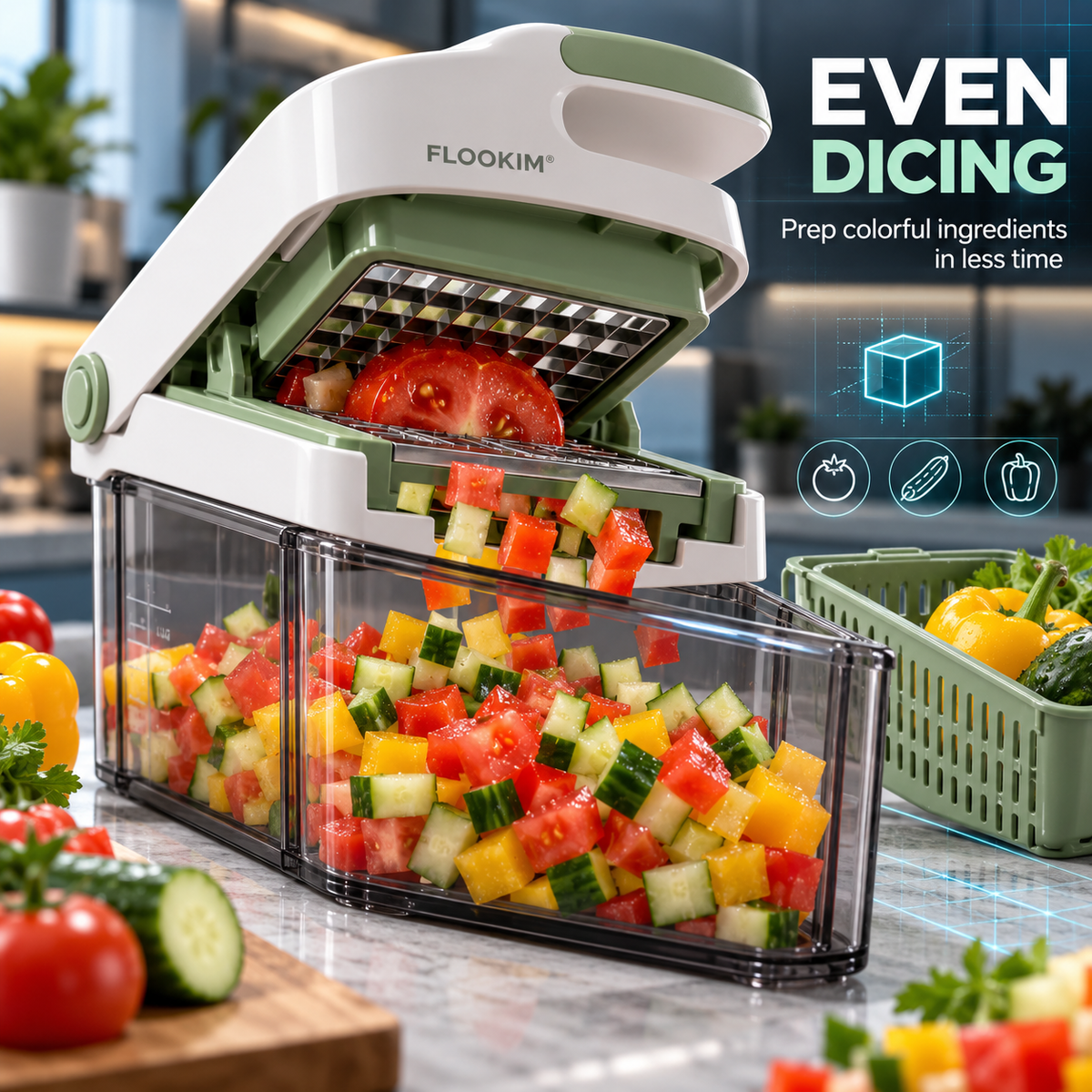 FLOOKIM® Vegetable Chopper – Dice, Slice & Drain in One Tool
