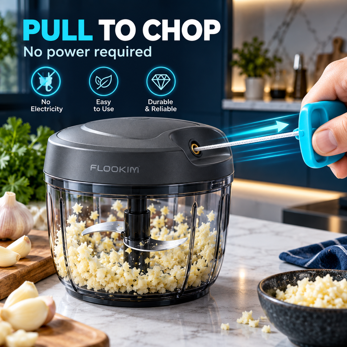 FLOOKIM® Manual Food Chopper | Pull-Cord Garlic & Veggie Prep