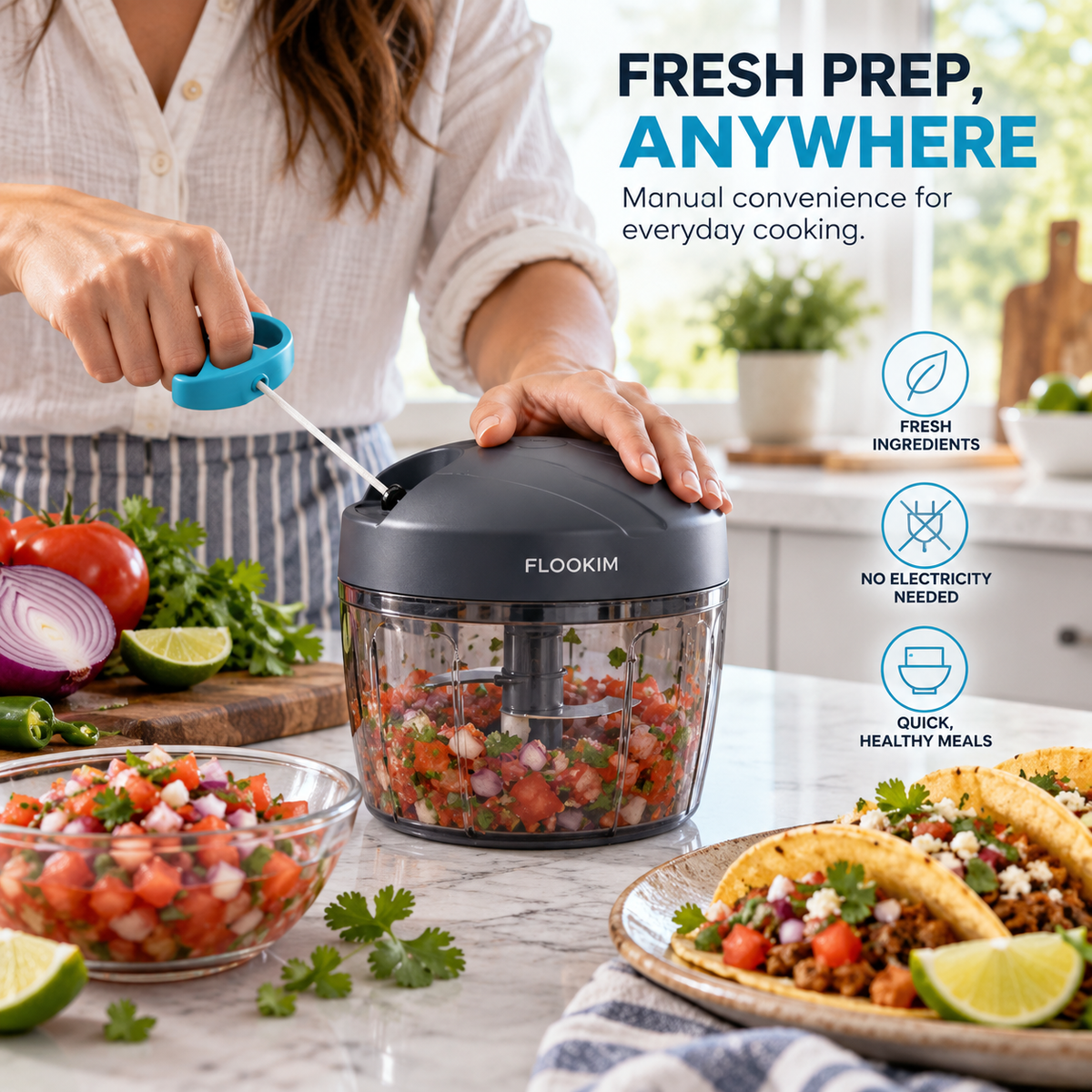 FLOOKIM® Manual Food Chopper | Pull-Cord Garlic & Veggie Prep