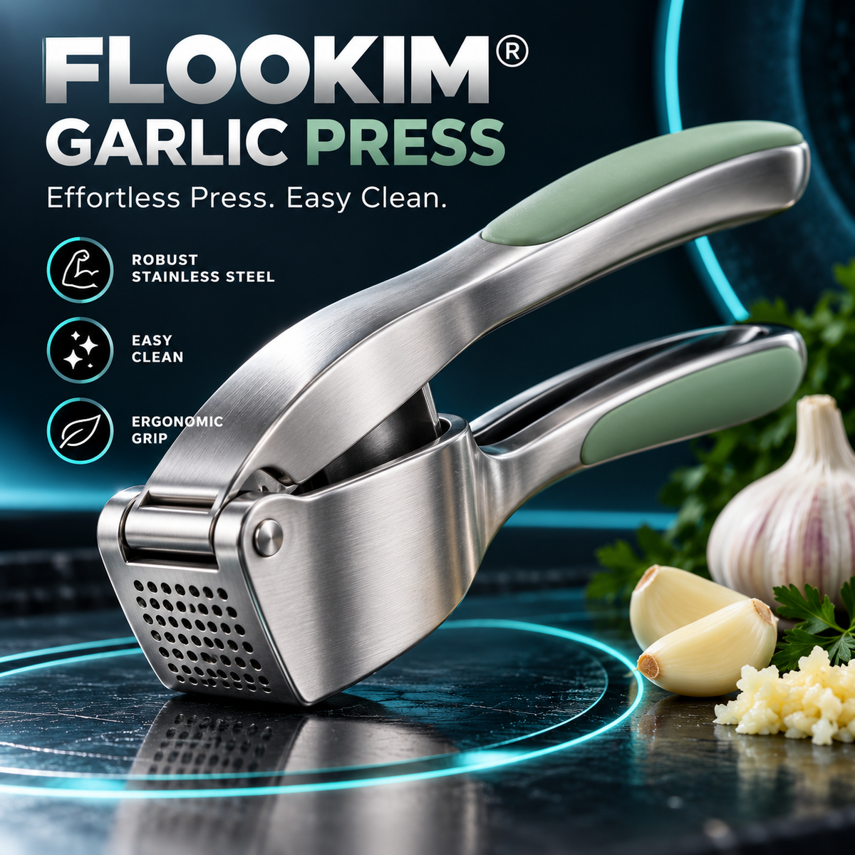 FLOOKIM® Garlic Press – Easy-Squeeze Stainless Steel Mincer