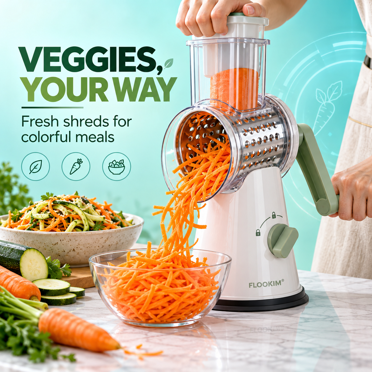 FLOOKIM® Rotary Grater – Hand-Crank Cheese & Veggie Shredder