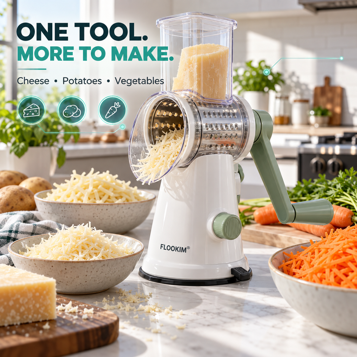 FLOOKIM® Rotary Grater – Hand-Crank Cheese & Veggie Shredder