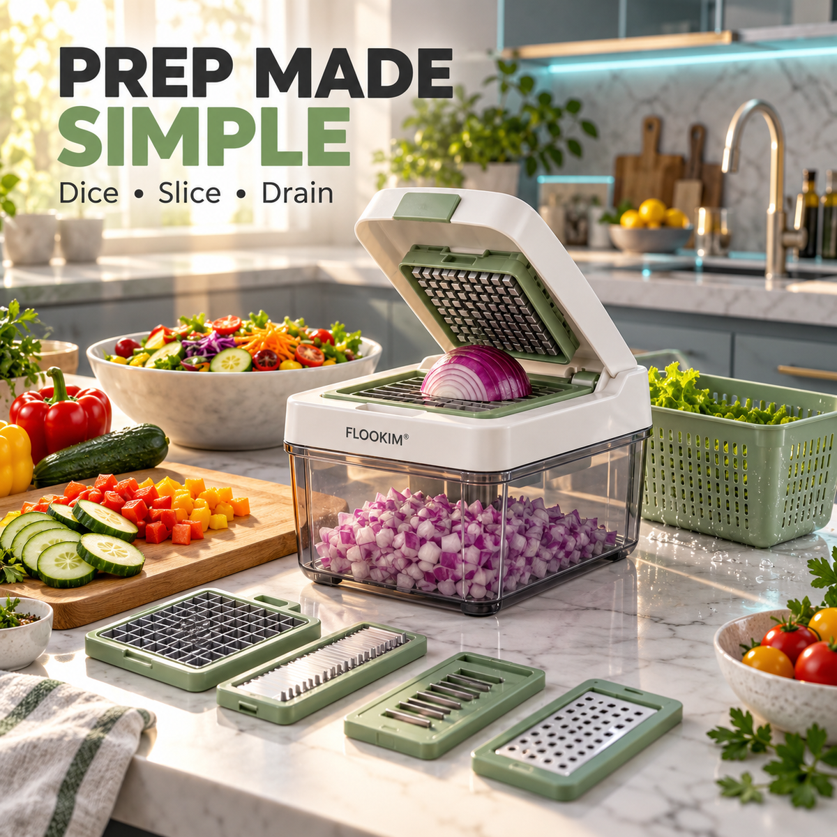 FLOOKIM® Vegetable Chopper – Dice, Slice & Drain in One Tool